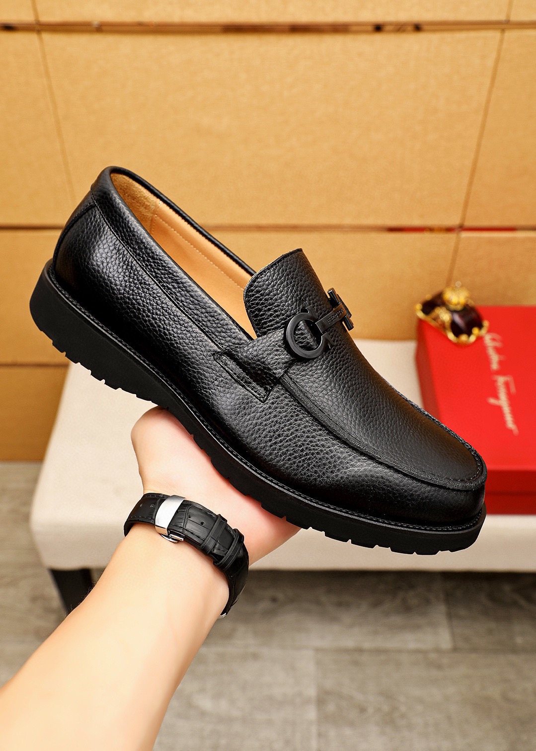 Ferragamo Black Textured Leather Slip-On Loafers